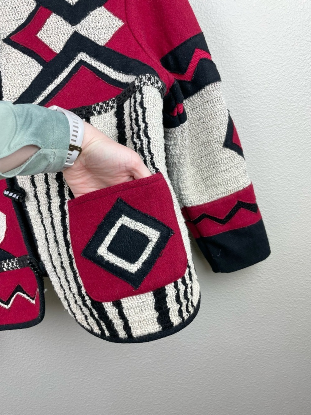 VTG Coldwater Creek Women's Medium Statement Patchwork Wool Jacket Felted Knit - Picture 8 of 15